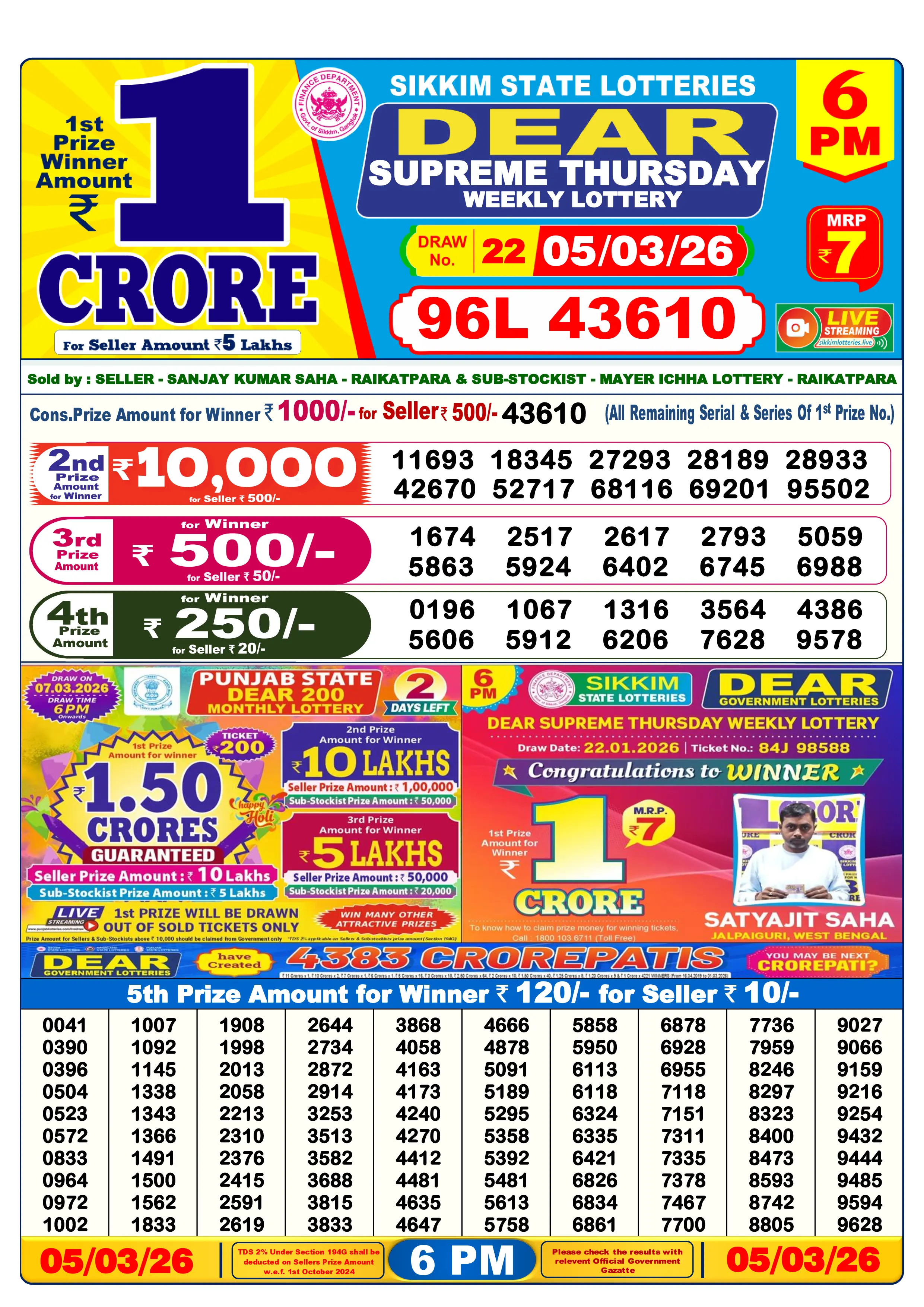 Lottery Sambad 6 PM Result 06 March 2026 Dear Supreme